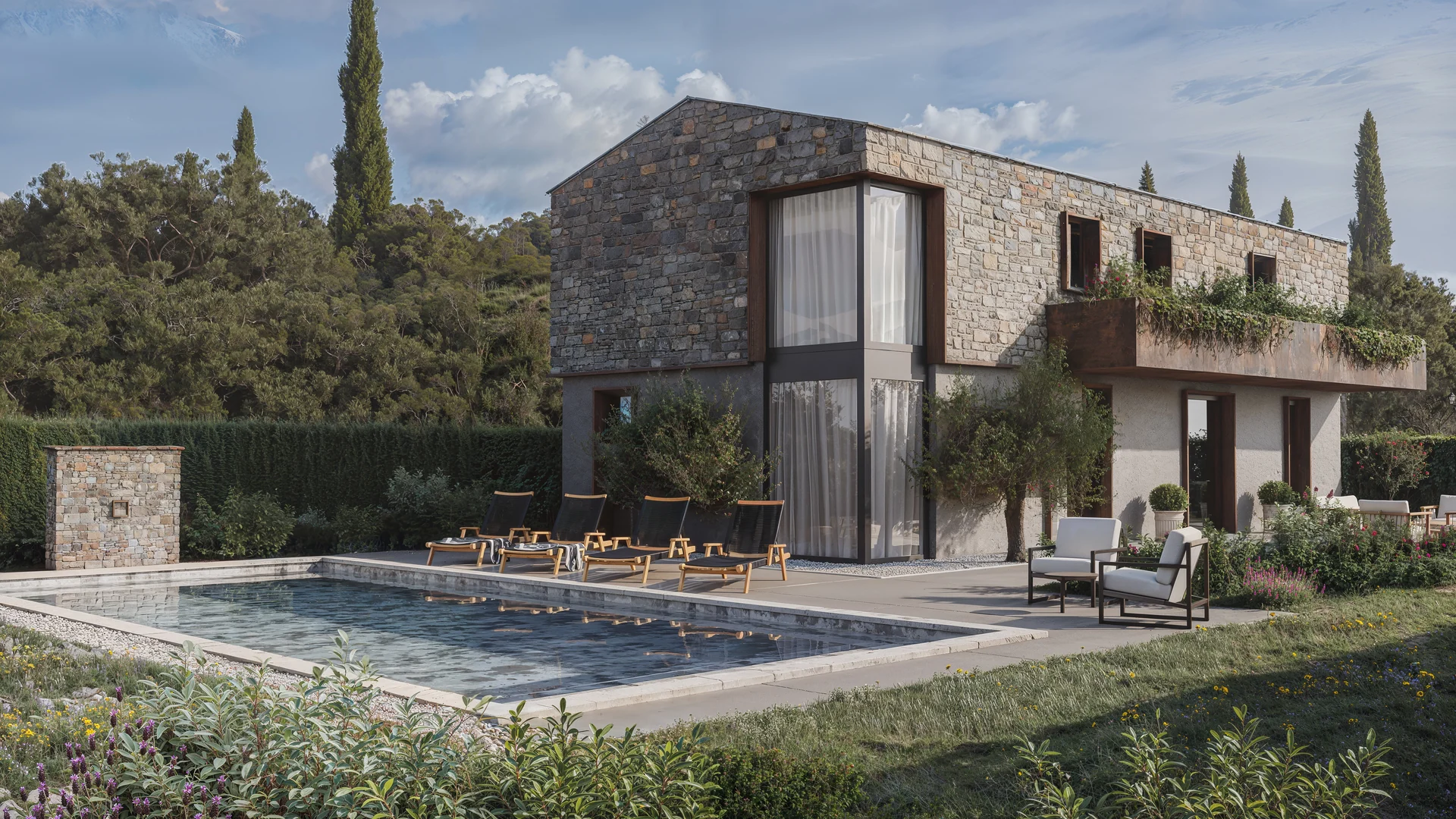 3D render moderne kamene vile s bazenom i dvovisinskim kutnim ostakljenjem