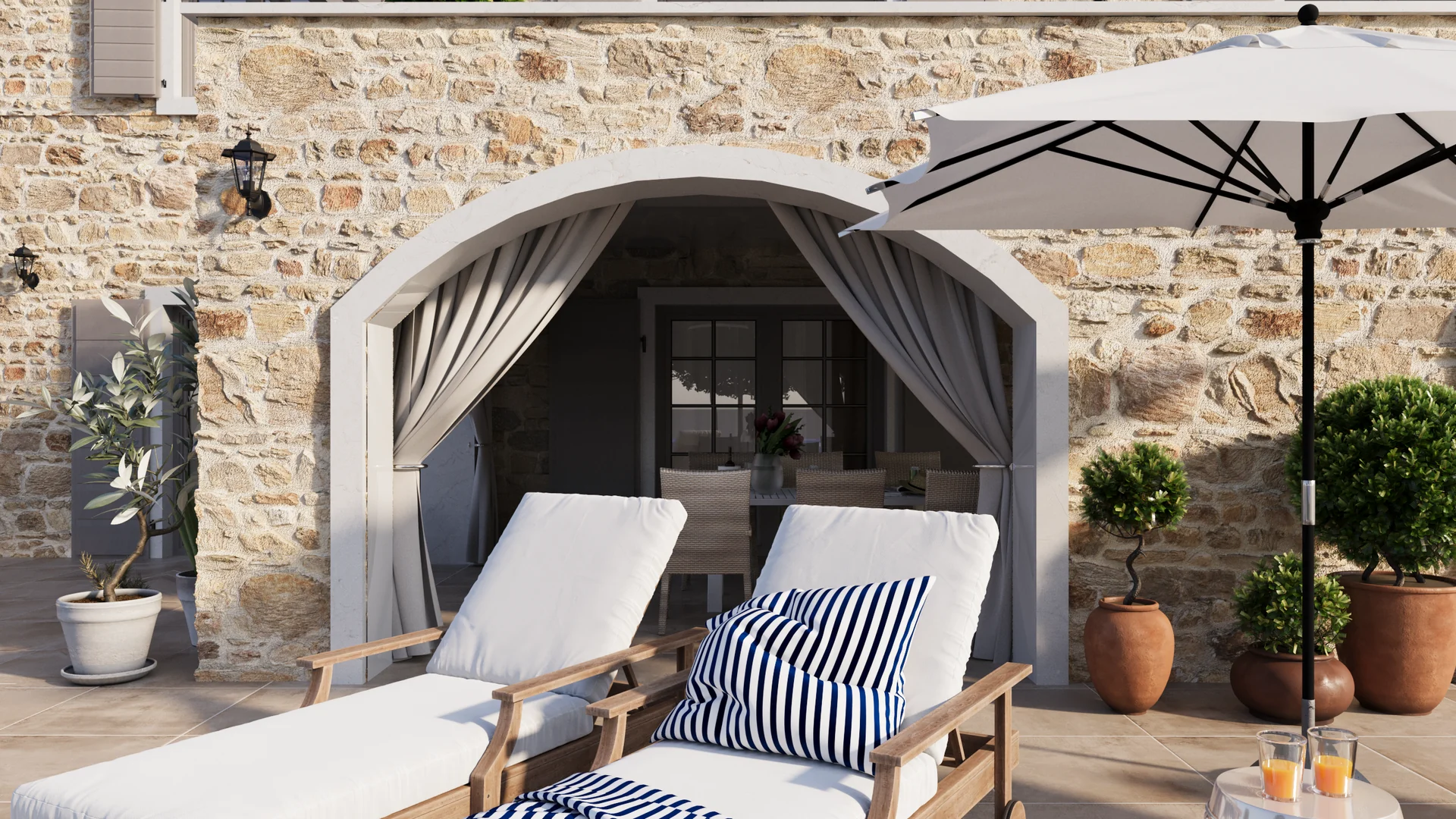3D render detalja terase kamene vile s ležaljkama, zavjesama i maslinom.