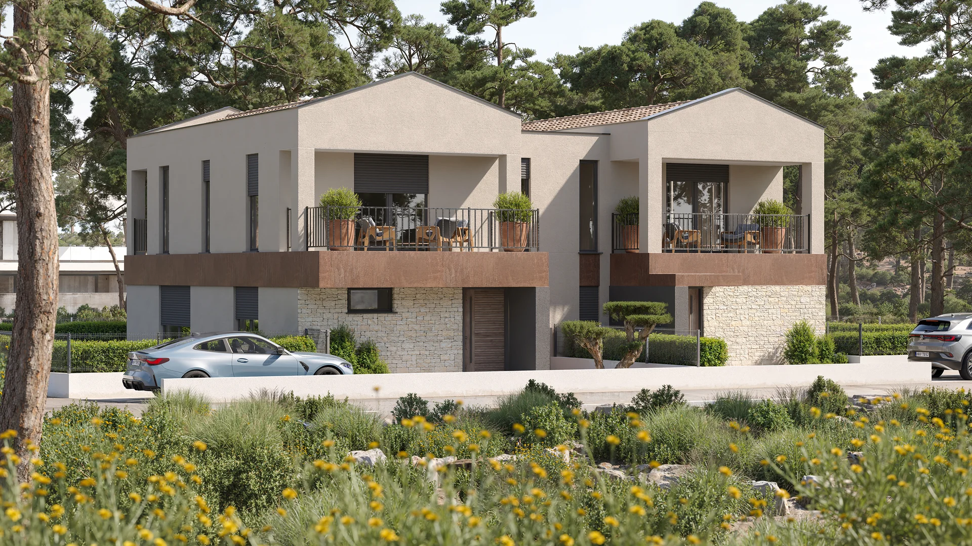 Fotorealistična 3D vizualizacija suvremene kuće u mediteranskom okolišu.