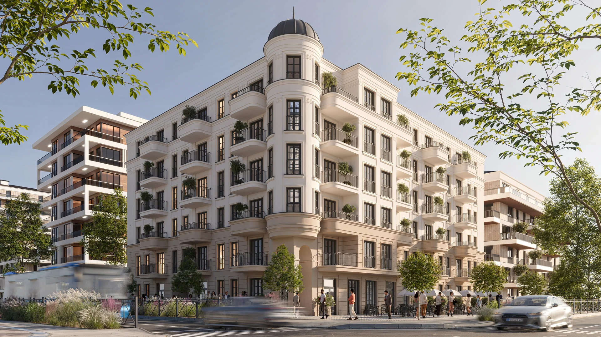 3D render urbane stambene zgrade sa zaobljenim balkonima i kutnim tornjem s kupolom