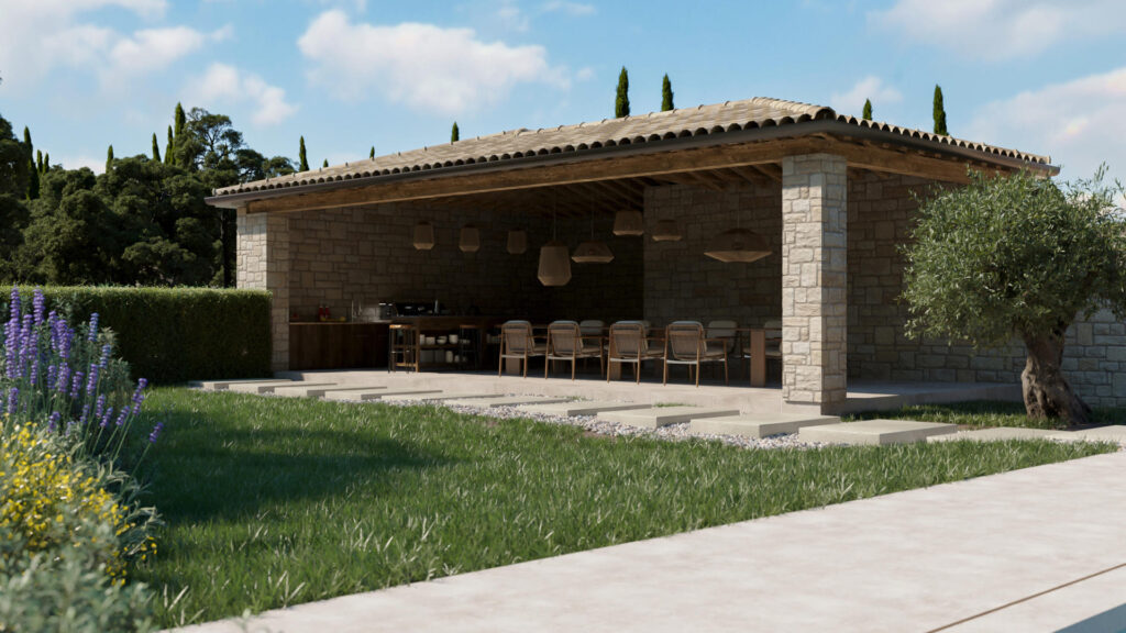 3D vizualizacija natkrivene ljetne kuhinje s velikim blagovaonskim stolom