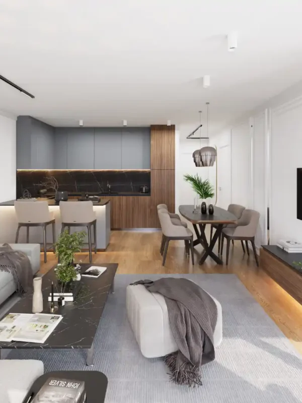 3D vizualizacija dnevnog boravka s modernim namještajem i pogledom na kuhinj