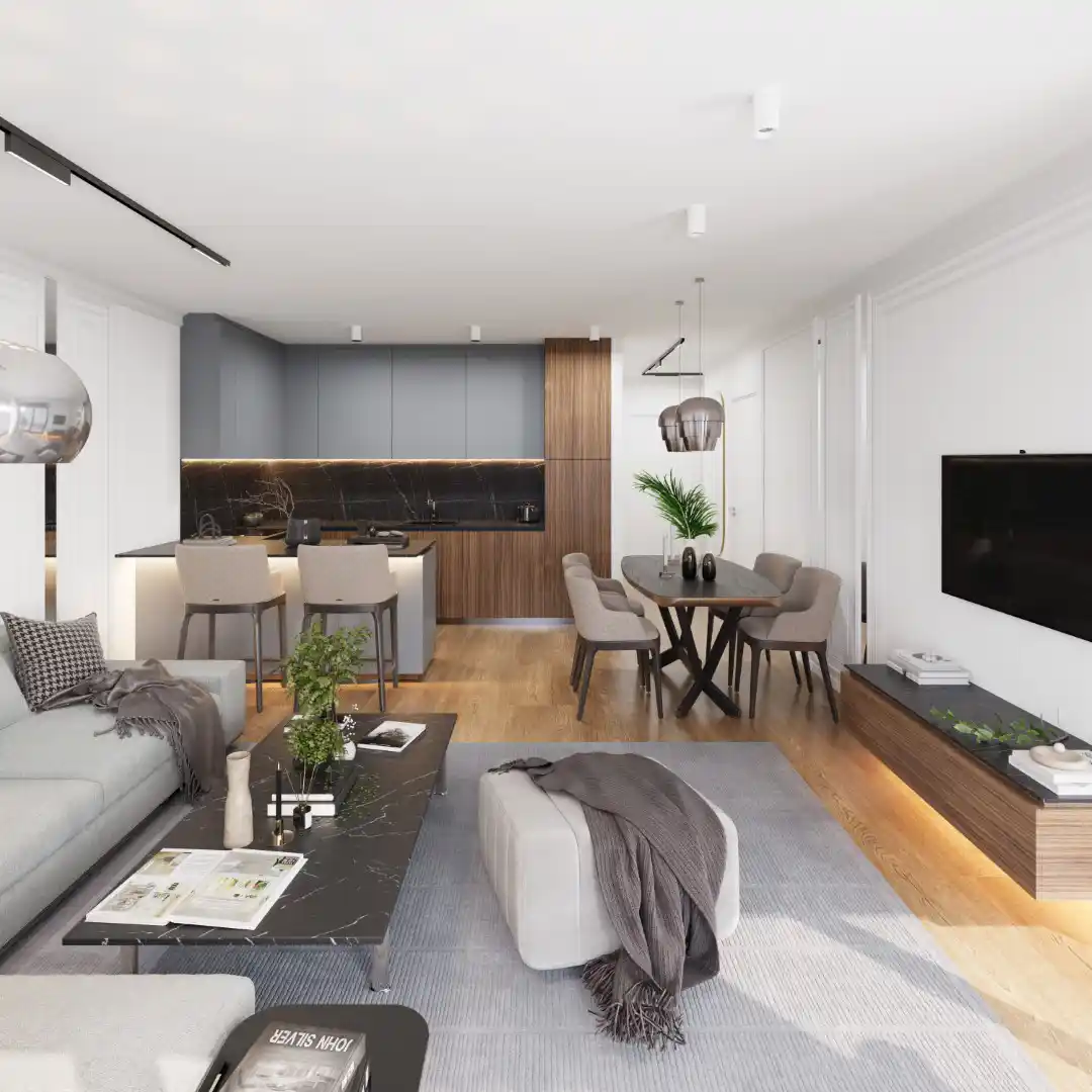 3D vizualizacija dnevnog boravka s modernim namještajem i pogledom na kuhinj