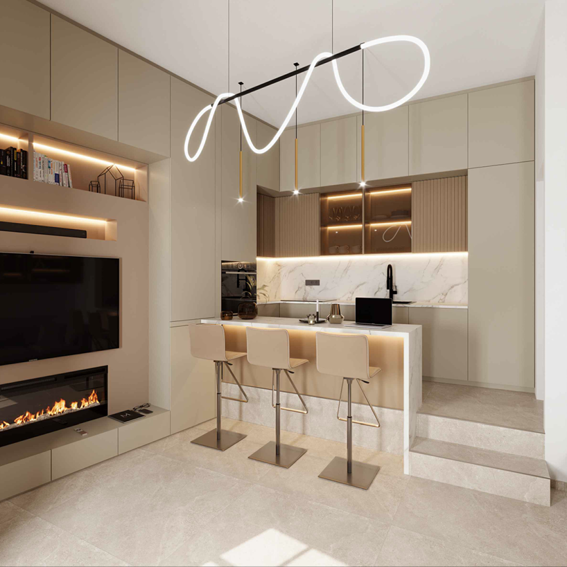 3D render moderne bijele kuhinje s kuhinjskim otokom i barskim stolicama