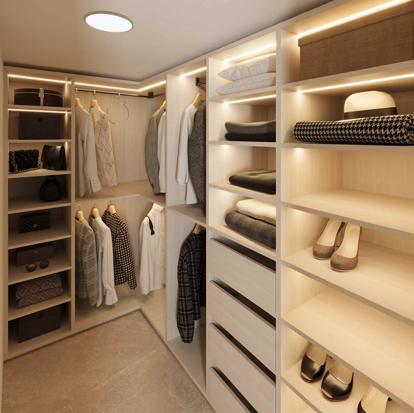 3D vizualizacija luksuzne walk-in garderobe s LED rasvjetom u modernom stanu
