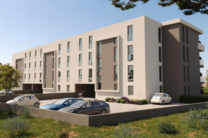 3D vizualizacija dugačke stambene zgrade s modernom fasadom i parkiralištem