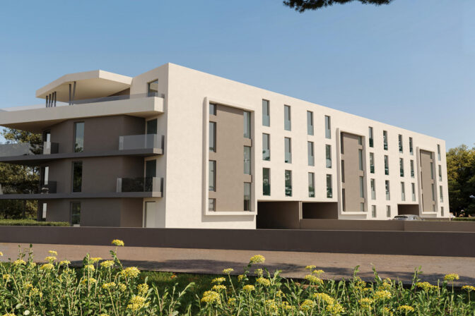 3D vizualizacija velike stambene zgrade s modernim terasama