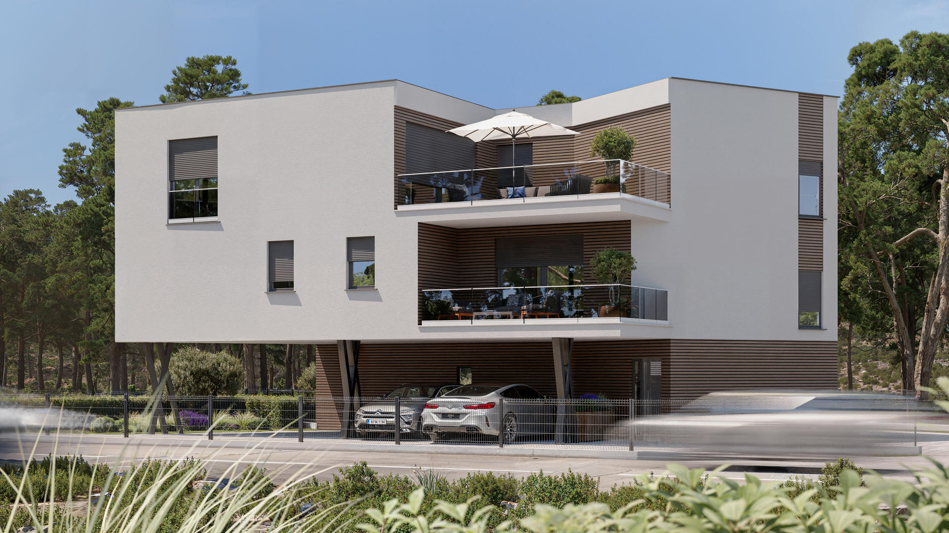 3D vizualizacija stambene zgrade s krovnom terasom i suncobranom