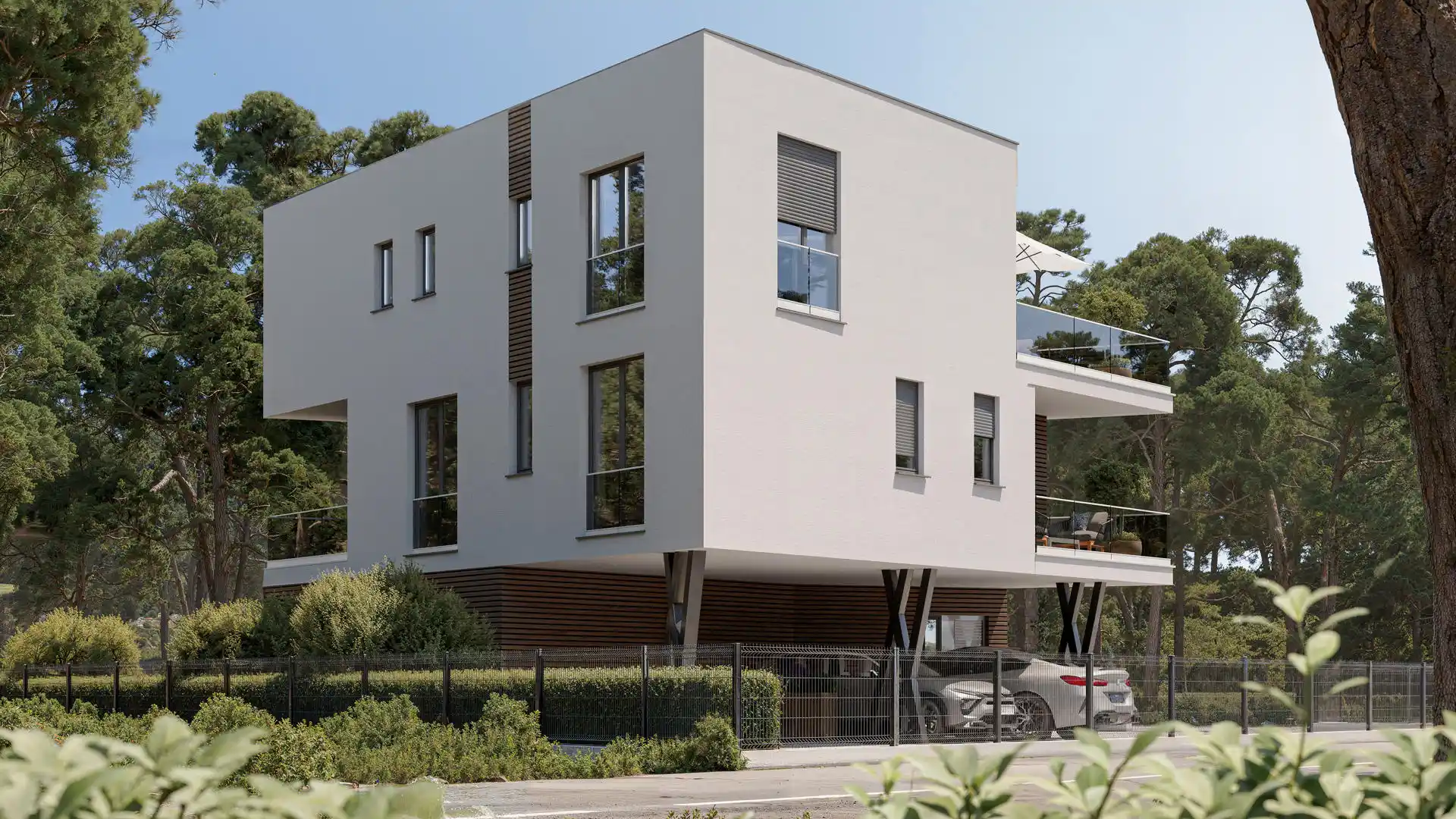 3D render moderne bijele obiteljske kuće s minimalističkom fasadom