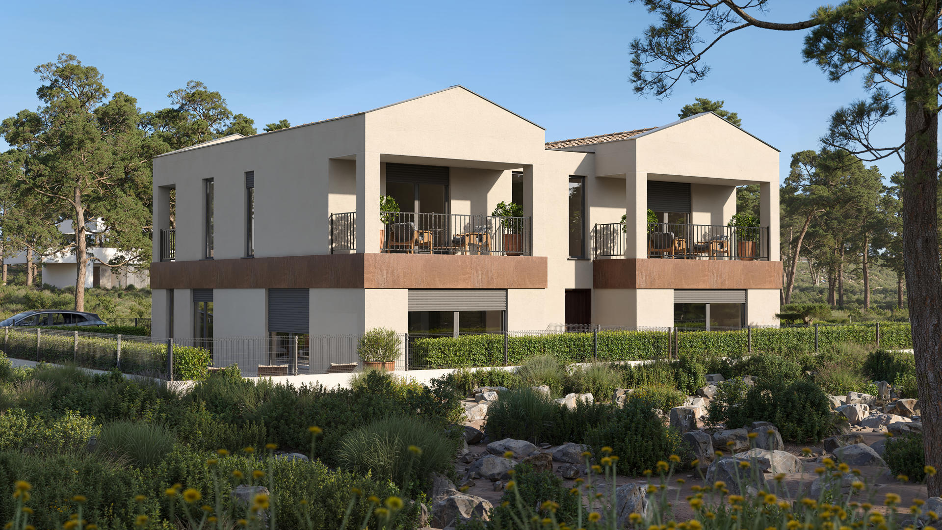 3D vizualizacija moderne kuće u mediteranskom okruženju s puno zelenila