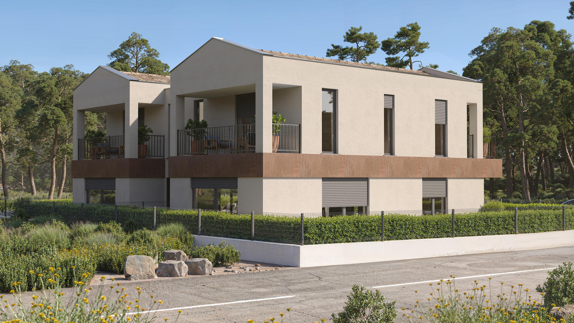 3D vizualizacija stambenog niza s modernom arhitekturom i parkirnim mjestima