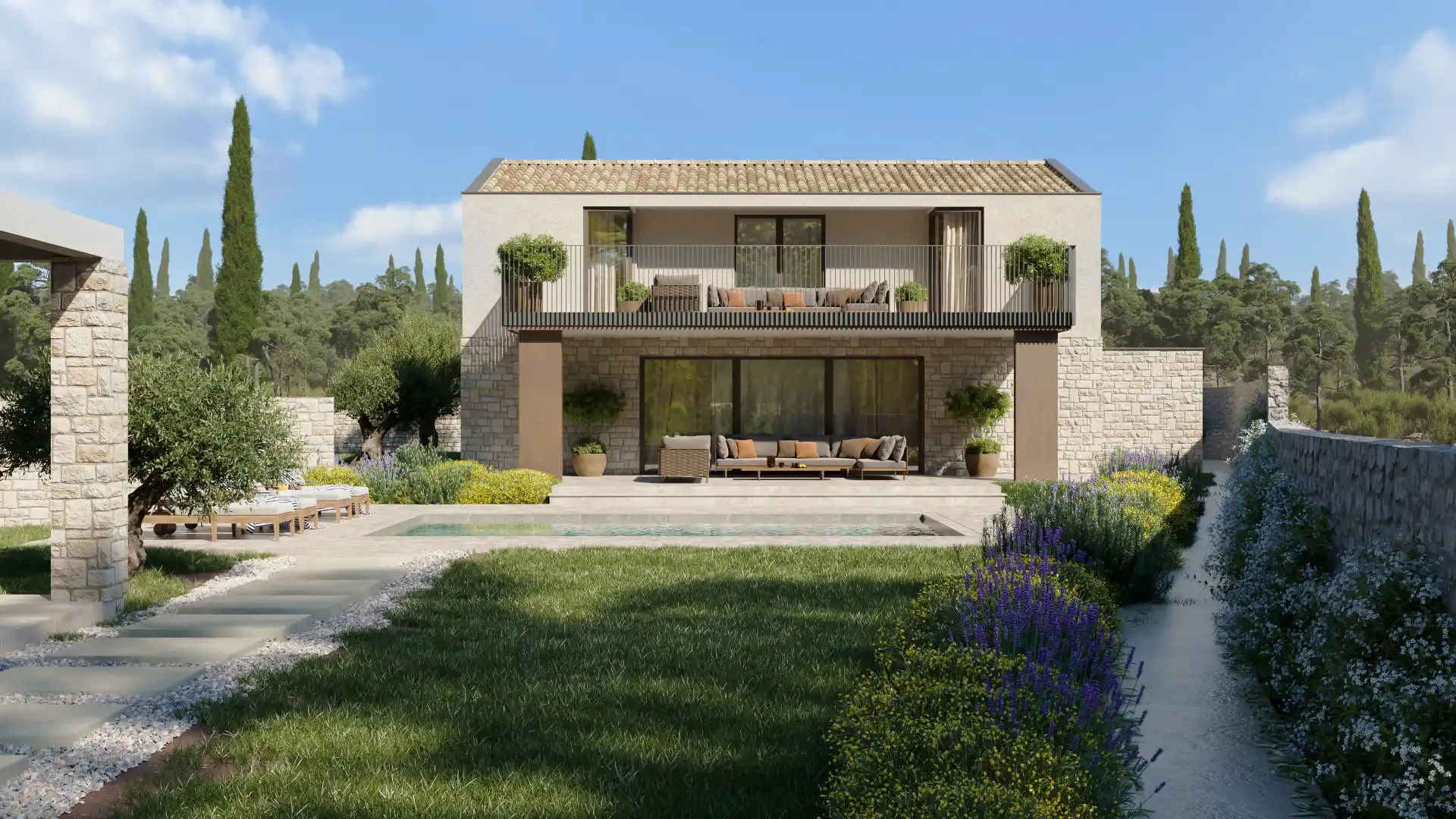 3D render moderne kuće koja kombinira tradicionalni kamen i drvo
