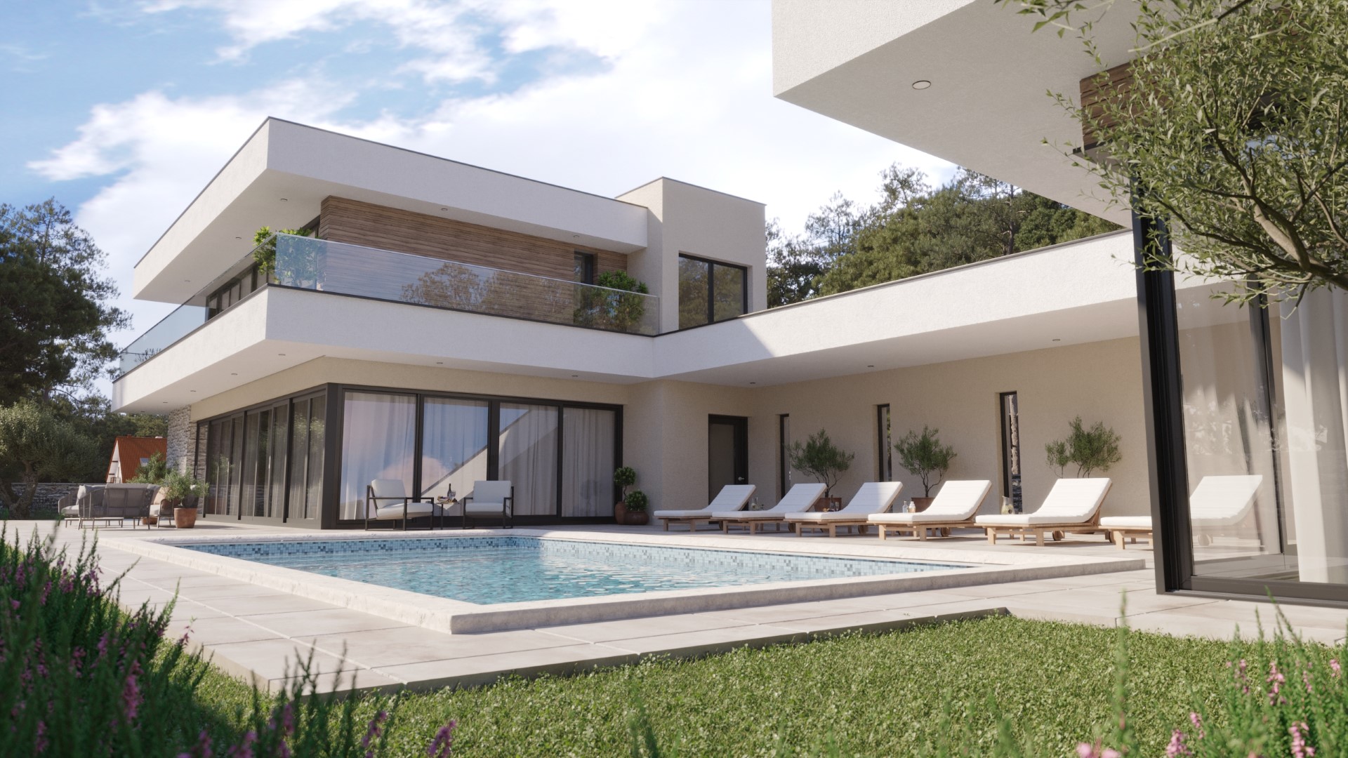 Fotorealistični 3D render eksterijera luksuzne vile s bazenom, sunčalištem i modernim drvenim oblogama na fasadi.