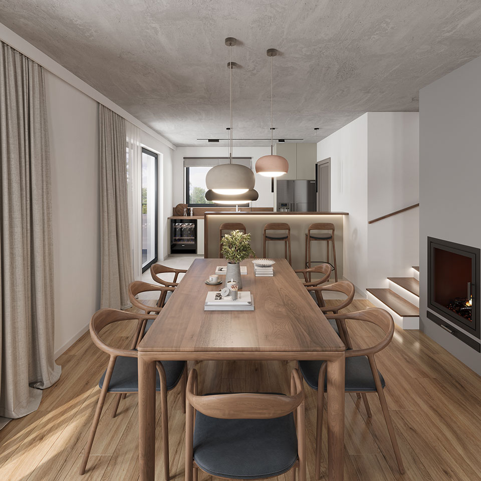 3D vizualizacija kuhinje s toplim drvenim tonovima i modernim aparatima