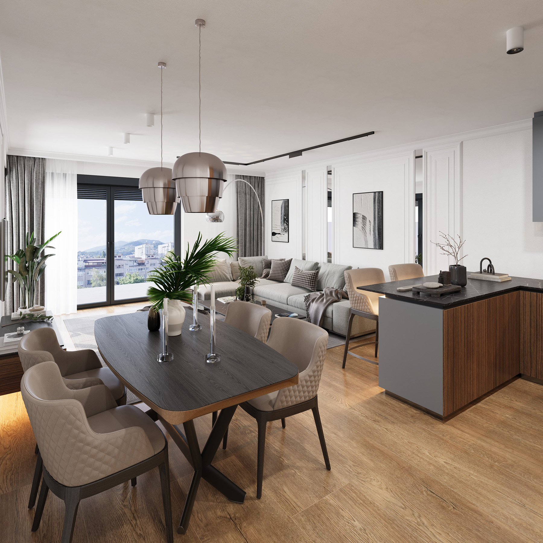 3D vizualizacija blagovaonice s modernim stolom za četiri osobe i pogledom na terasu