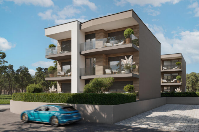 3D vizualizacija moderne zgrade s drvenim oblogama na balkonima