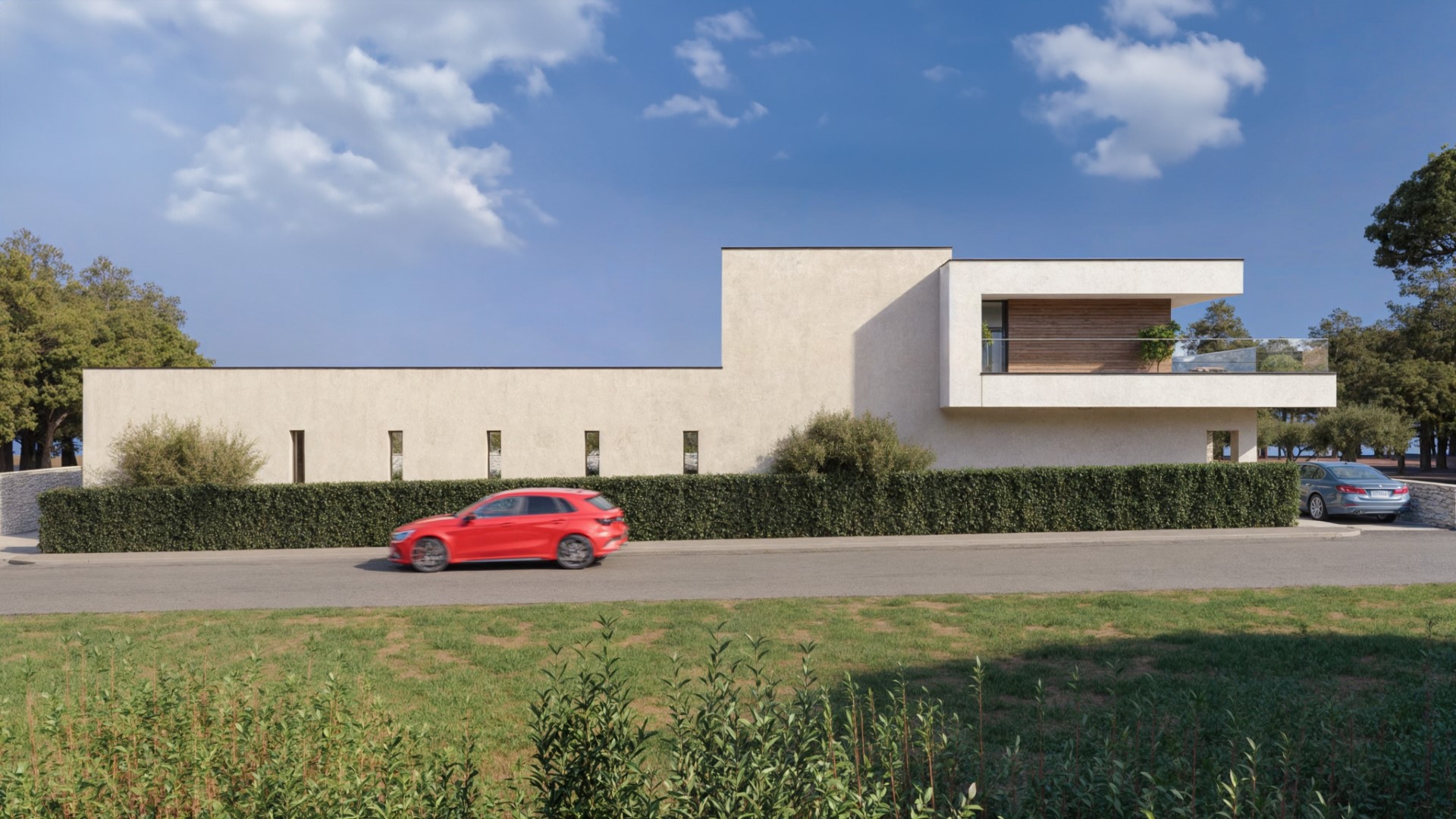 3D vizualizacija uličnog pročelja moderne minimalističke kuće s bijelom fasadom i zaštitnom zelenom ogradom.