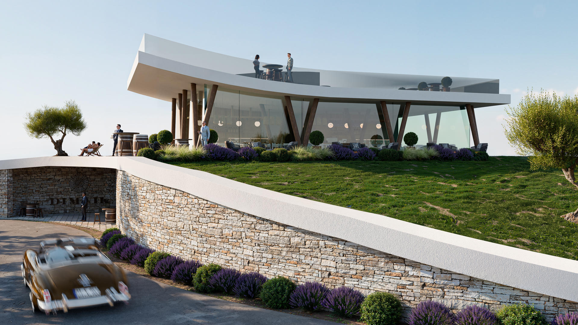 3D vizualizacija moderne vinarije s naglašenom bijelom nadstrešnicom i ulazom