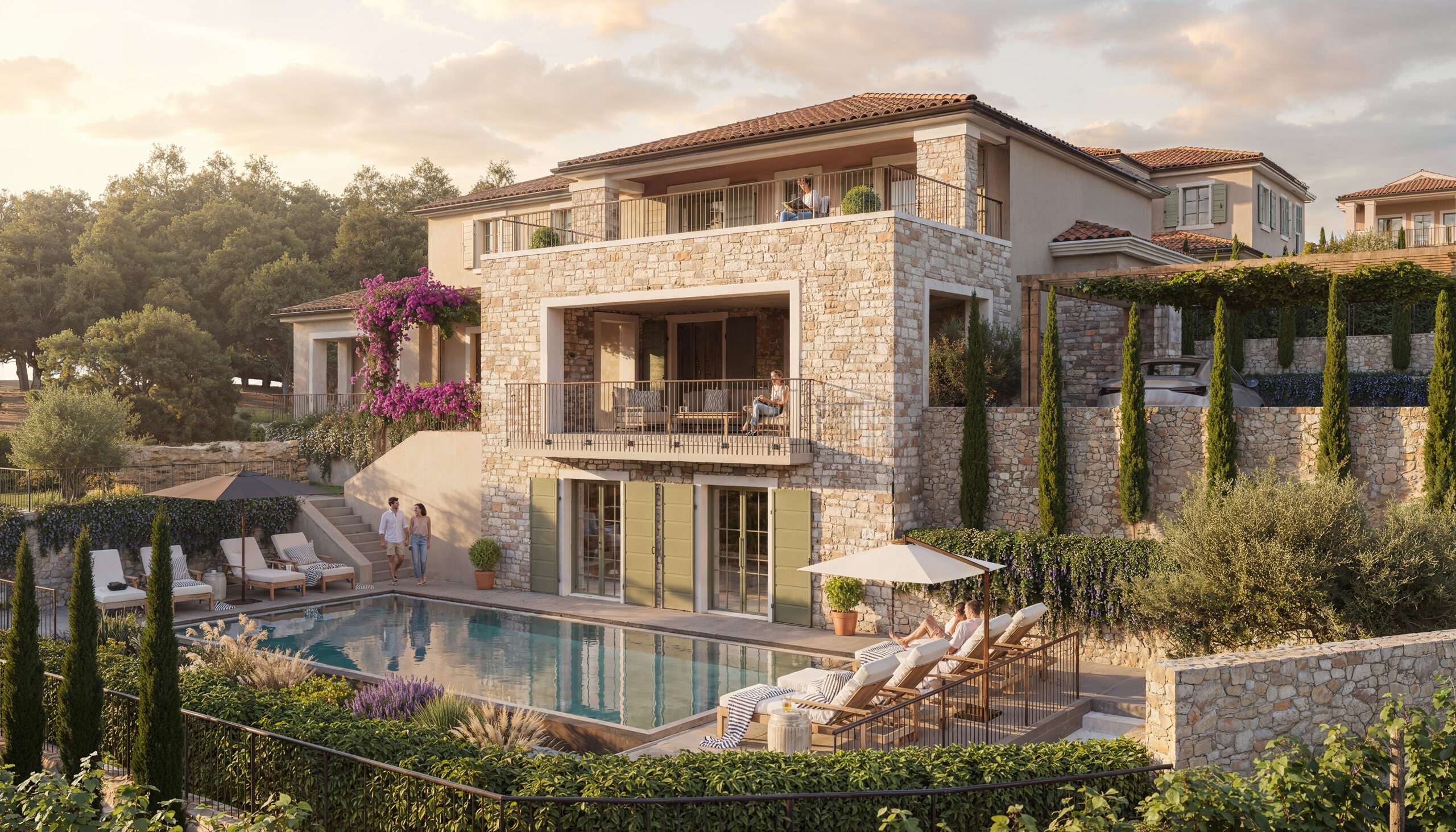 3D vizualizacija eksterijera moderne kamene vile s bazenom i mediteranskim vrtom
